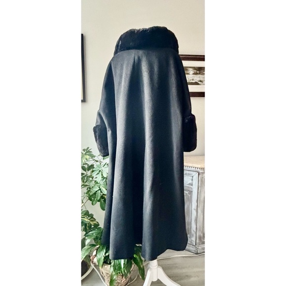 Vintage Retro 1960s wool swing black coat midi, fur, 3/4 sleeves open front-M - Picture 6 of 12